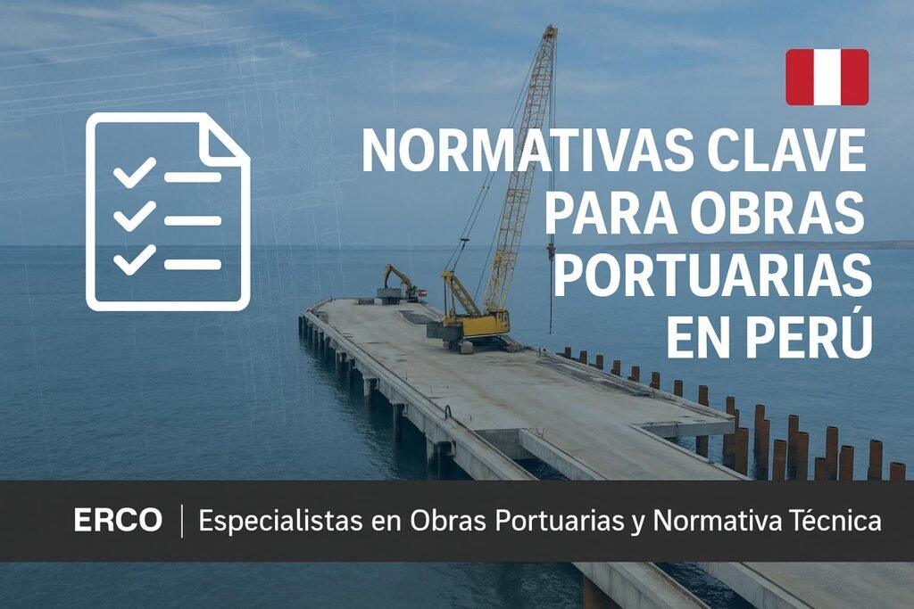 Muelle en construcción en la costa del Perú con grúa de celosía, representando normativa peruana para obras portuarias según el RNE, PRODUCE y APN.