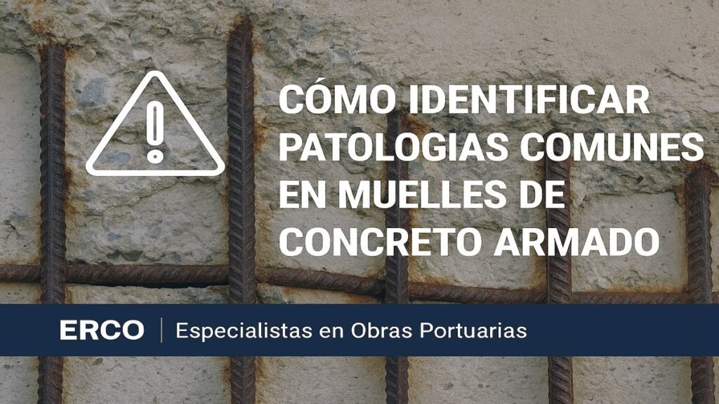 Identificación de patologías comunes en muelles de concreto armado, como corrosión, fisuración y desgaste. Imagen educativa de ERCO sobre diagnóstico estructural portuario.