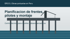 Ilustracion tecnica de planificacion de obras portuarias, pilotes y montaje en muelles