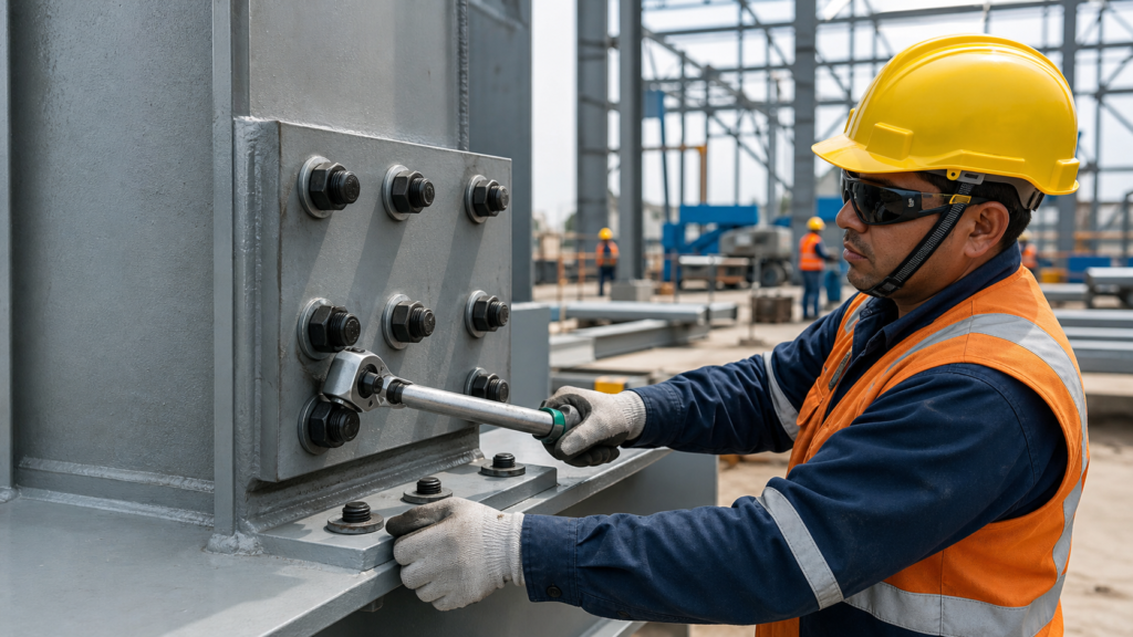 Técnico inspeccionando una conexión empernada en una estructura metálica industrial
