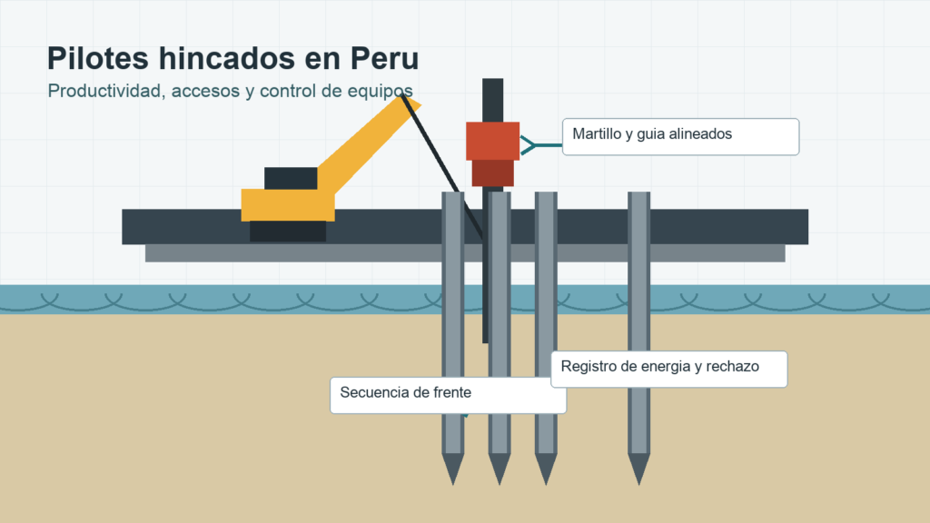 Ilustracion tecnica de pilotes hincados en Peru con equipo de hincado y control de frente