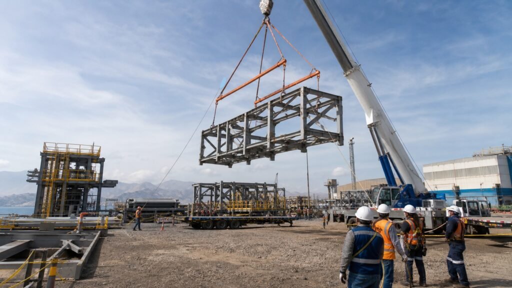 Izaje controlado de un módulo de estructuras metálicas industriales en planta