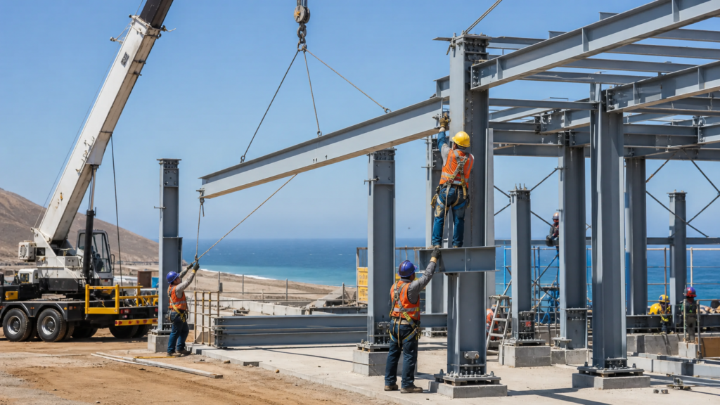 Montaje de estructuras metalicas industriales con grua en obra costera del Peru