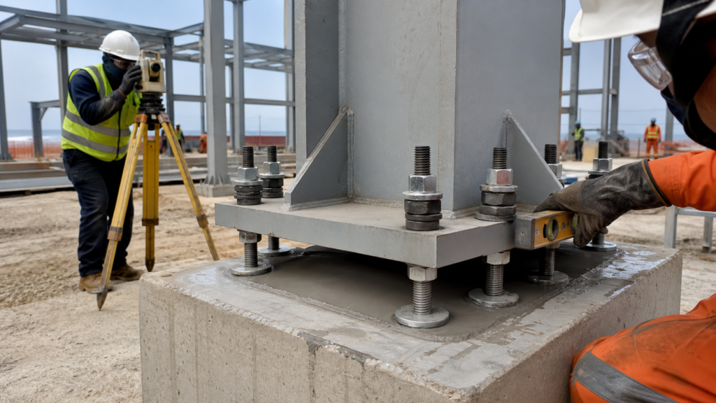 Control de nivelación y grouting en placa base de una estructura metálica industrial