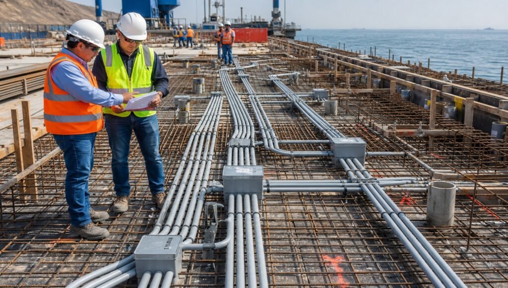 Canalizacion de servicios y reservas tecnicas embebidas en losa de muelle portuario