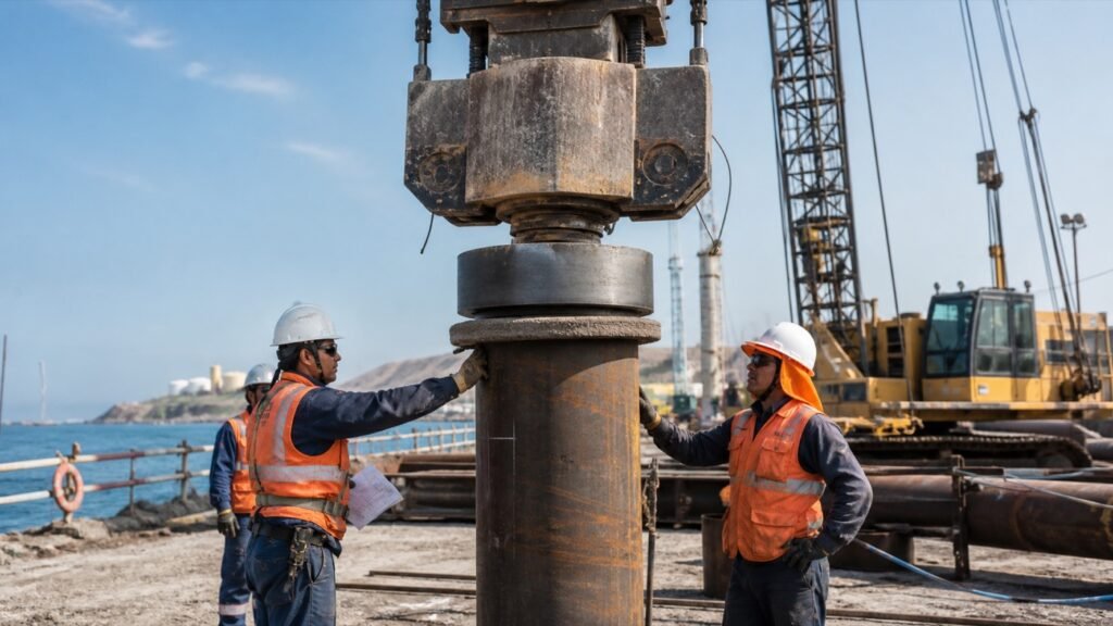Casco de hinca y almohadilla protegiendo la cabeza de un pilote durante preparacion de hincado