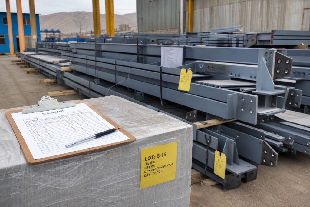 Estructuras metalicas industriales organizadas por lote con packing list para despacho controlado a obra