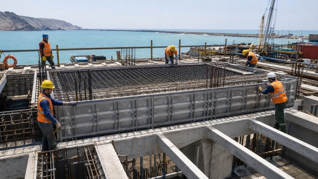 Encofrados perdidos y acero de refuerzo en obras portuarias en Peru