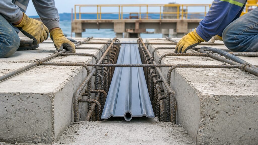 Waterstop instalado en junta de construccion de losa de muelle portuario