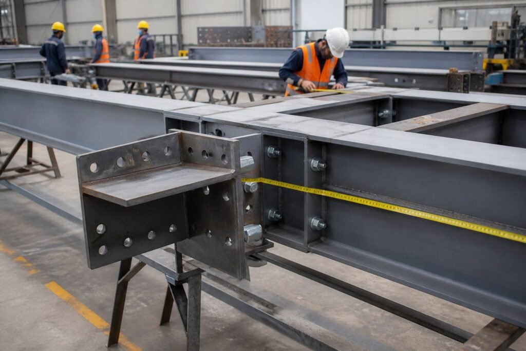 Prearmado de estructuras metalicas industriales en taller antes del montaje