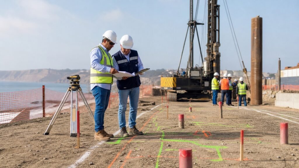 Ingenieros revisan interferencias subterraneas antes del hincado de pilotes en obra portuaria