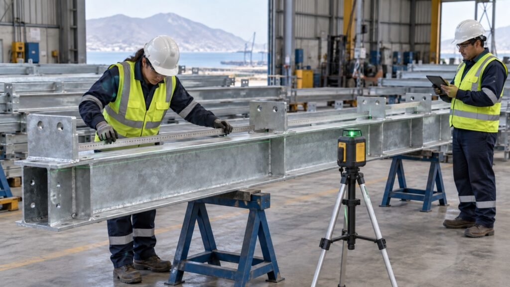 Inspección dimensional de una estructura metálica galvanizada con nivel láser y regla de control