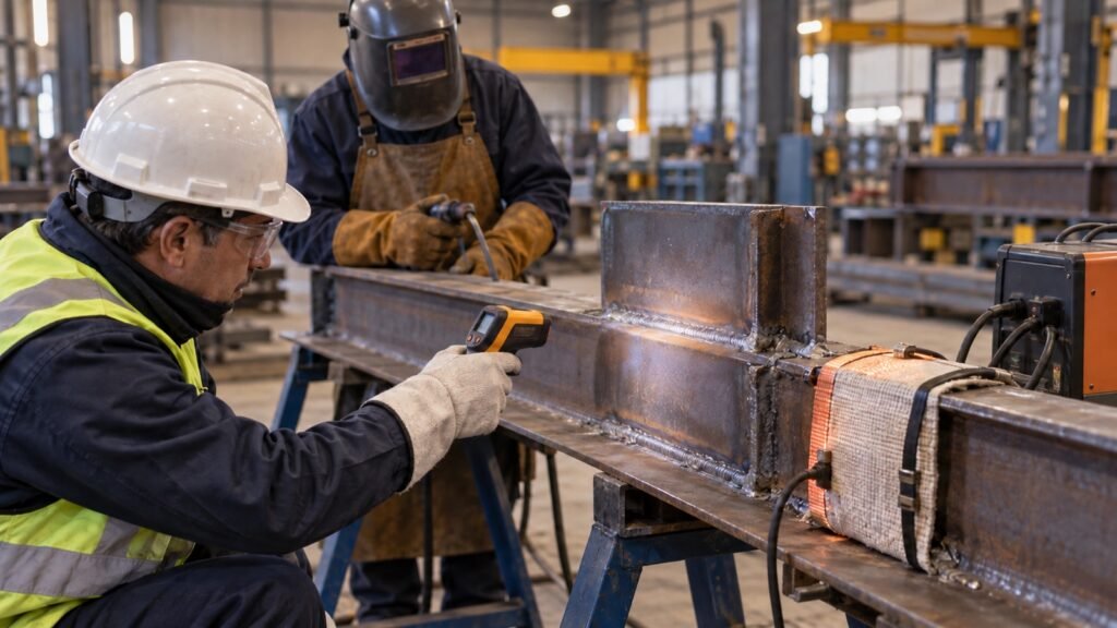 Inspector verifica la temperatura de una unión soldada en una estructura metálica industrial
