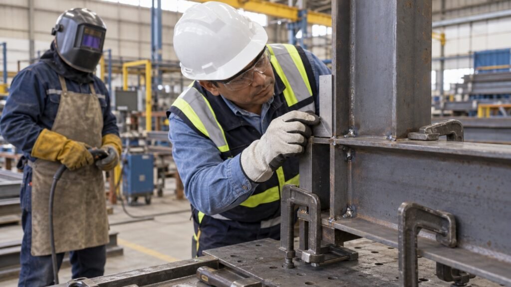 Inspector revisa soldaduras de punteo durante el armado de una estructura metálica industrial