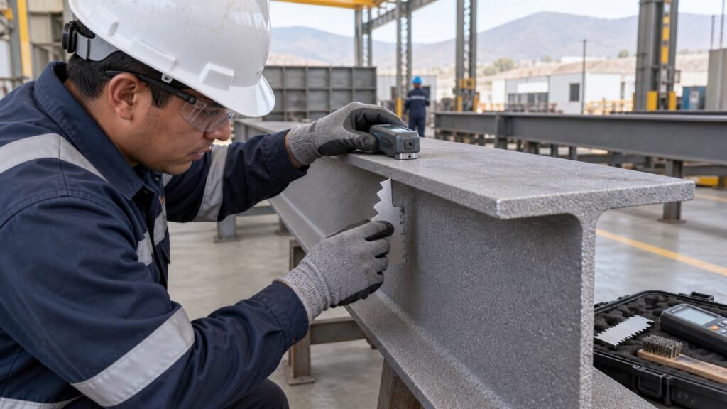 Inspector mide perfil de anclaje en estructura metalica antes de pintura anticorrosiva