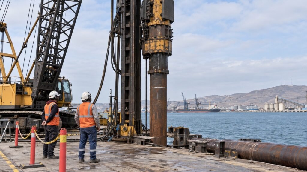 Técnicos inspeccionan un martillo durante el hincado de pilotes en un muelle