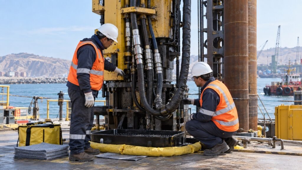 Inspección de mangueras y conexiones hidráulicas del martillo durante el hincado de pilotes