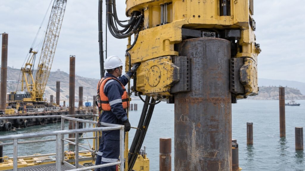 Hincado de pilotes: inspección de mordazas del vibrohincador sobre un pilote tubular