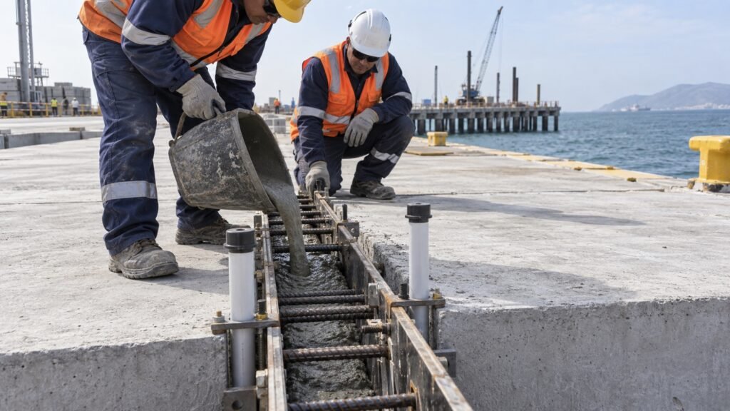 Colocación de grout en una conexión húmeda entre prefabricados de un muelle