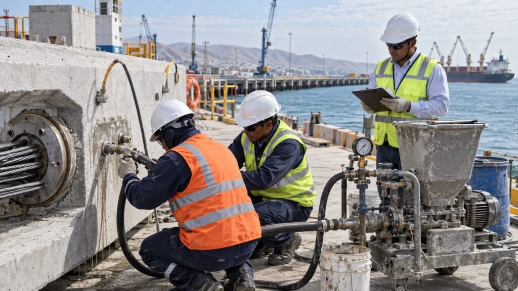 Técnicos controlan la inyección de vainas postensadas en un muelle