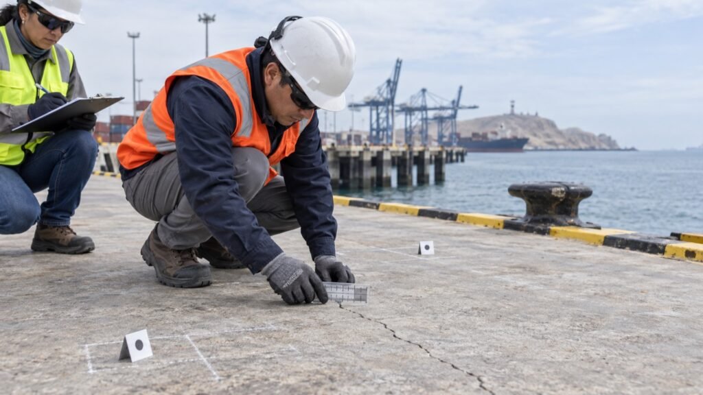 Inspección y medición de fisuras en una losa de muelle en una obra portuaria