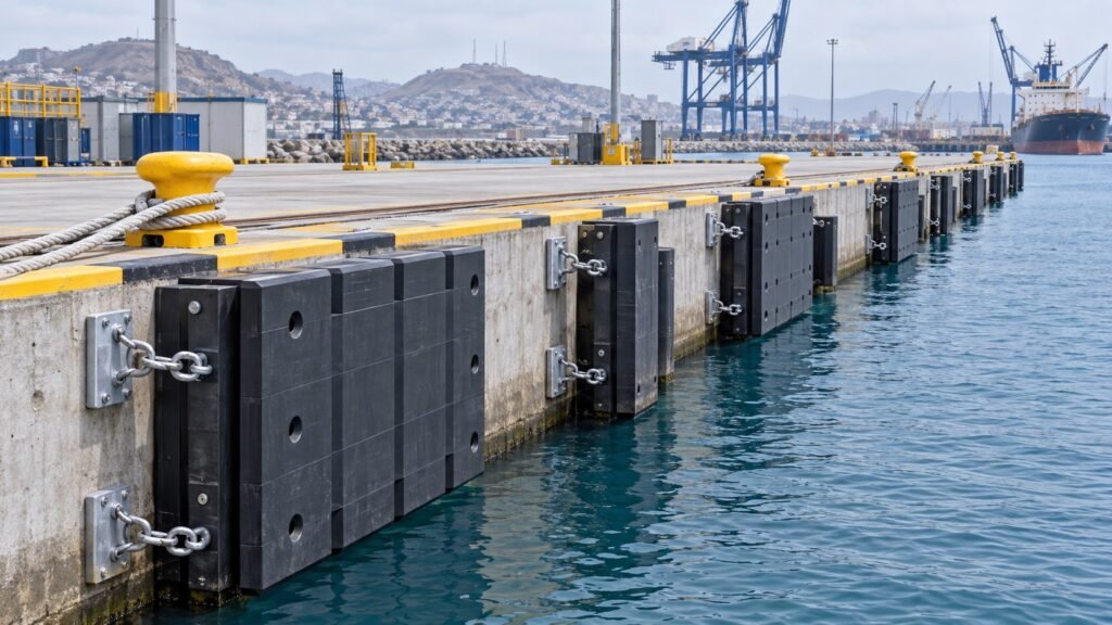Pantallas anticolision y proteccion de impacto instaladas en un muelle portuario