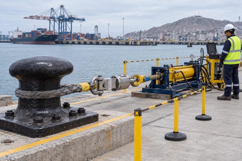 Prueba de carga de un bolardo de amarre en un muelle portuario