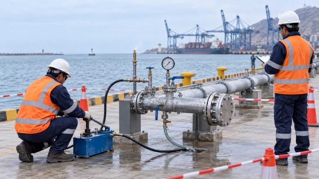 Prueba hidrostática de tuberías de servicio sobre un muelle portuario