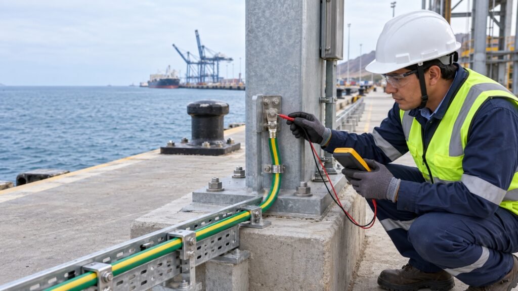Inspección de puesta a tierra y enlace equipotencial en un muelle portuario