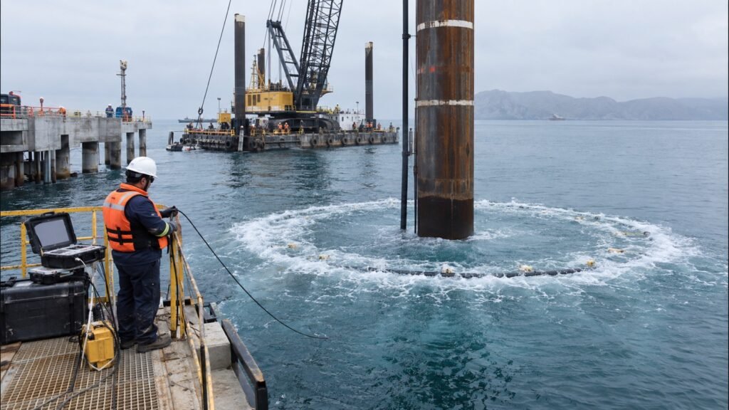 Monitoreo hidroacústico y cortina de burbujas durante el hincado de un pilote tubular en una obra portuaria