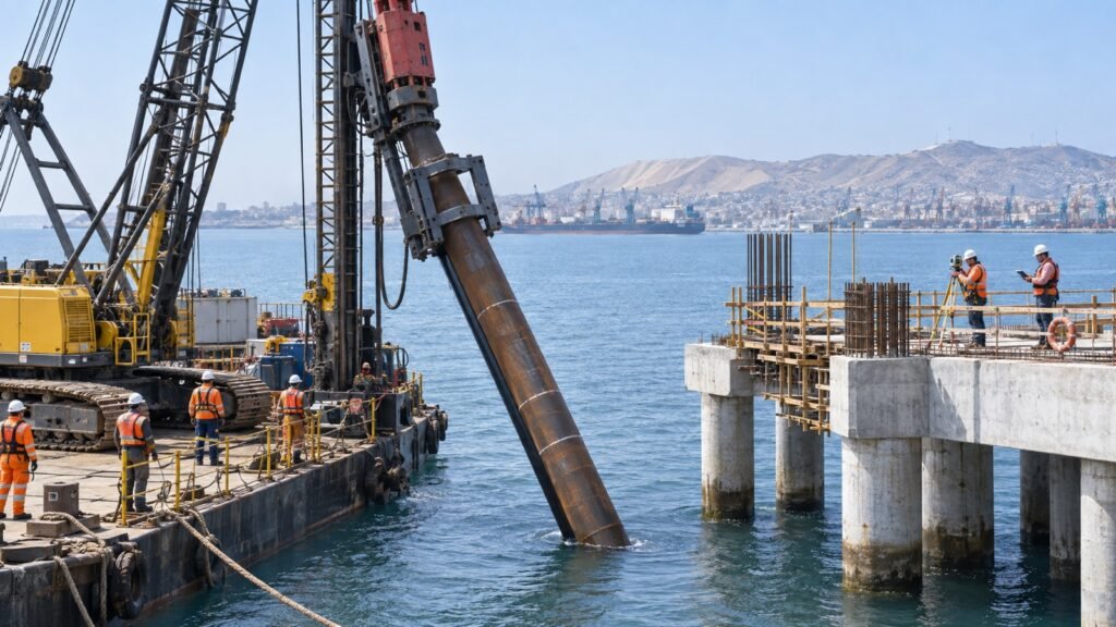 Hincado controlado de un pilote tubular inclinado en un muelle del Peru