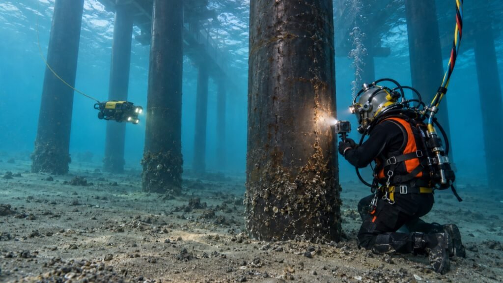 Buzo comercial y ROV inspeccionan pilotes tubulares de acero bajo un muelle después de la hinca