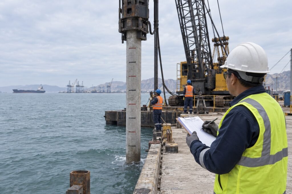 Control del marcado del fuste y lectura de penetracion durante el hincado de pilotes en Peru