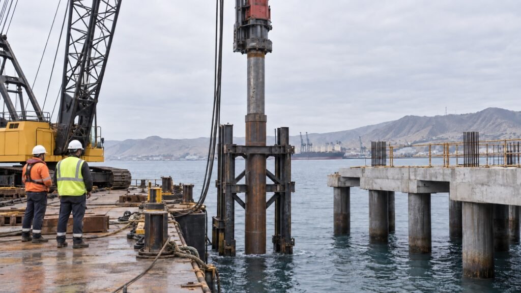 Seguidor de hinca alineado entre martillo y pilote tubular en un muelle