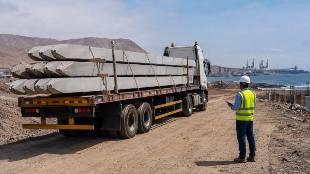 Pilotes prefabricados transportados en cama baja para hincado en obra
