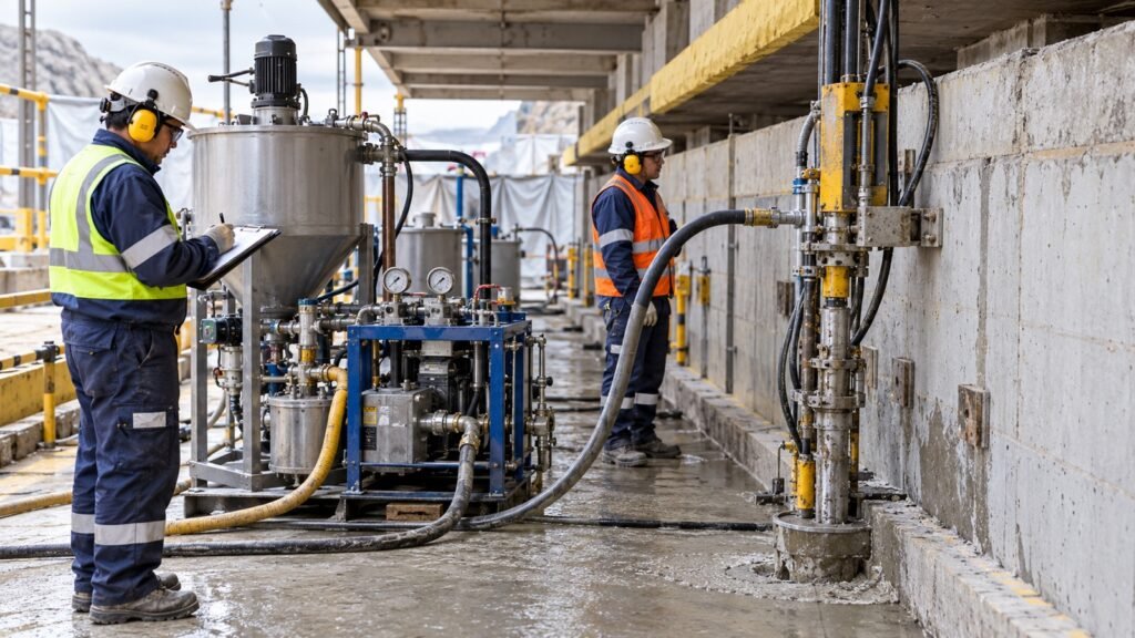 Técnicos controlan la inyección de lechada en micropilotes con bomba y manómetros