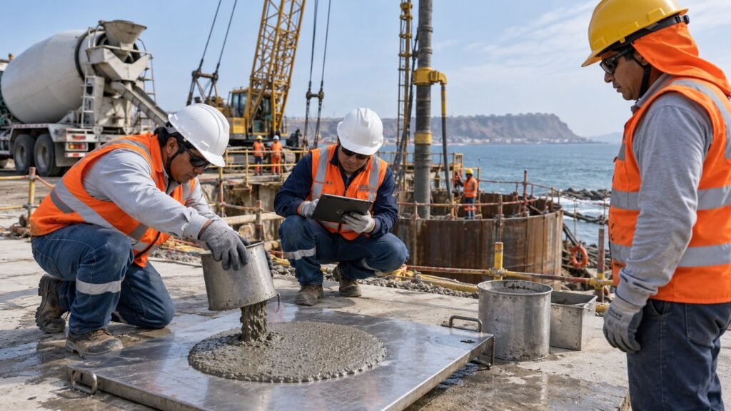 Tecnicos controlan la trabajabilidad del concreto tremie para cimentaciones profundas