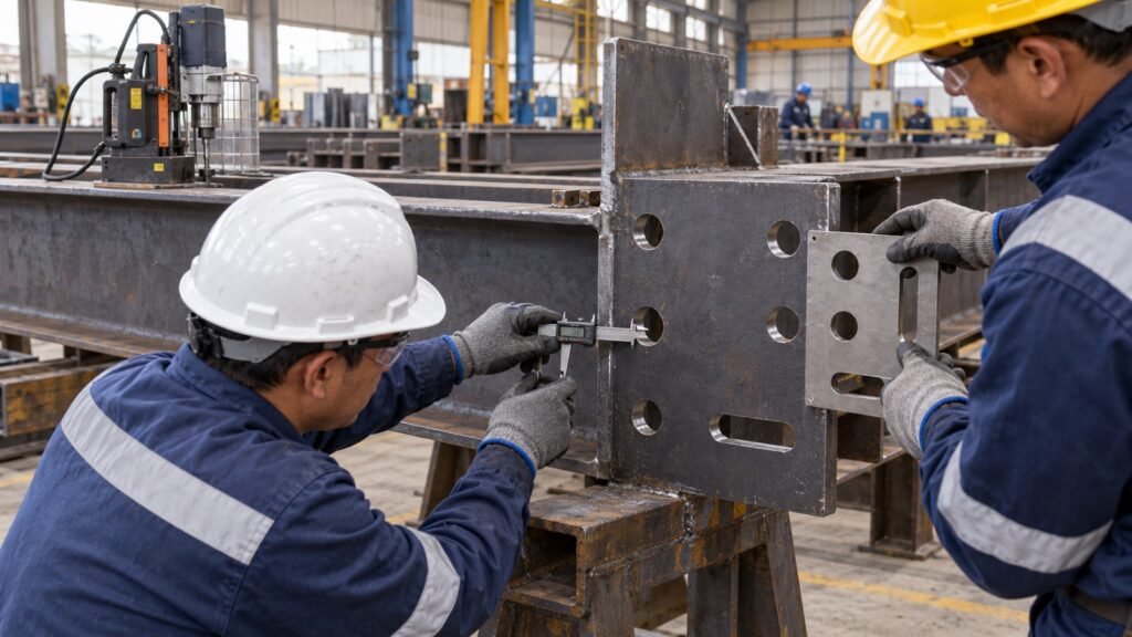 Inspectores verifican agujeros para pernos en estructuras metalicas industriales