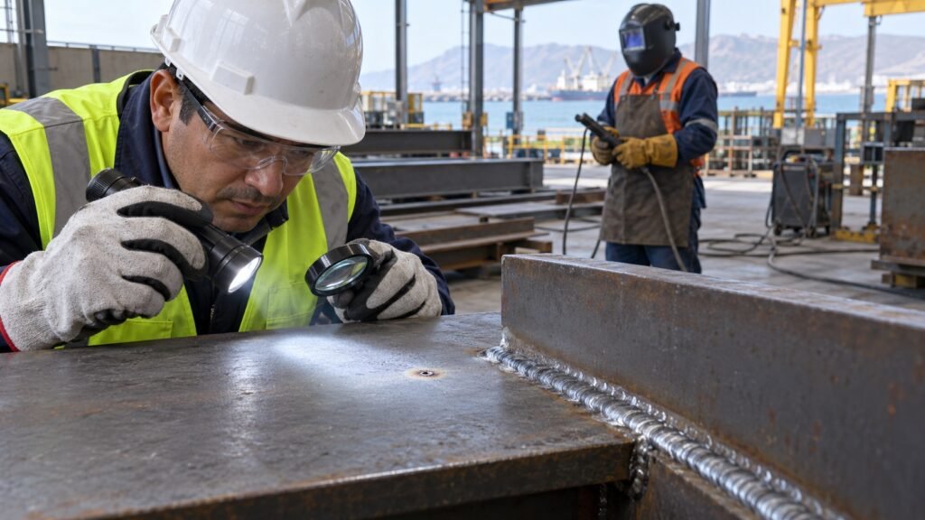 Inspector revisa un cebado accidental de arco en estructuras metalicas industriales