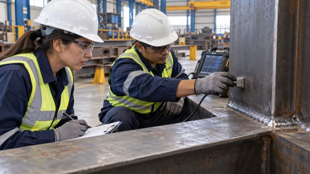 Inspección ultrasónica de una unión soldada para controlar el desgarro lamelar en estructuras metálicas industriales