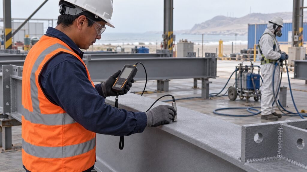 Inspector mide punto de rocío y temperatura superficial antes de pintar una estructura metálica