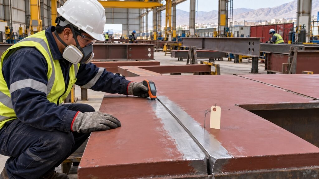 Inspector verifica el shop primer junto a una junta de soldadura en estructuras metálicas industriales