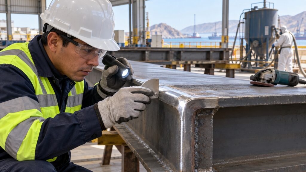 Inspector verifica una arista redondeada y una soldadura preparada antes de aplicar pintura anticorrosiva