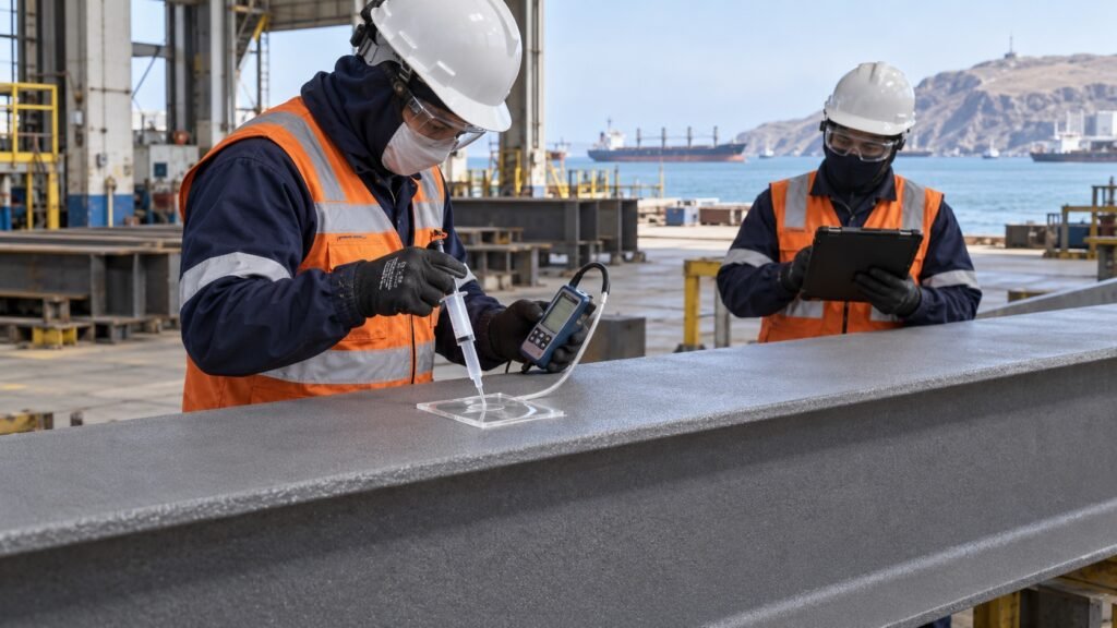 Inspector realiza ensayo de sales solubles antes de pintar estructuras metalicas industriales