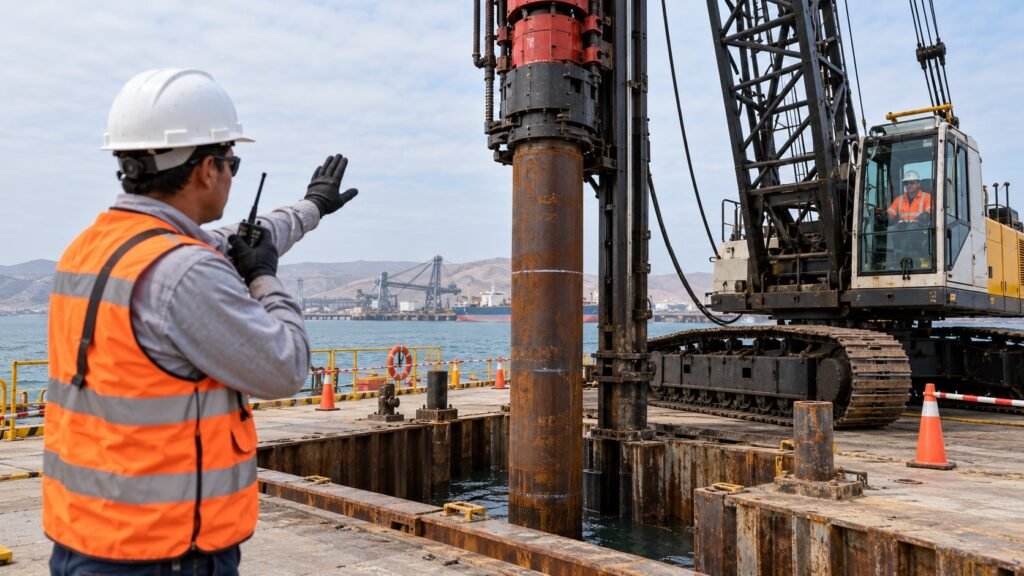 Señalero coordina con el operador durante el hincado de pilotes en un muelle
