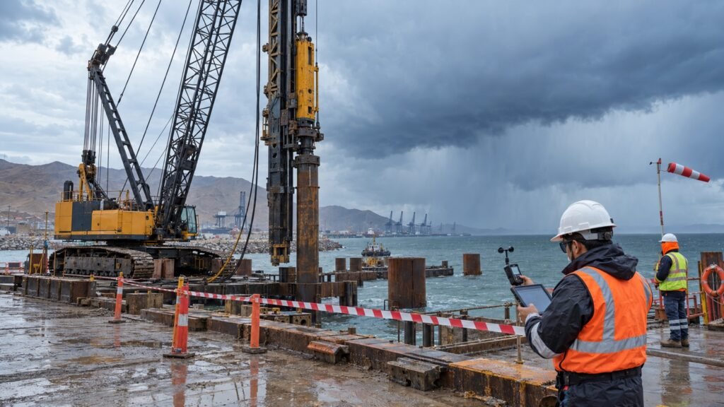 Equipo de hincado de pilotes detenido mientras se controlan viento, tormenta y visibilidad