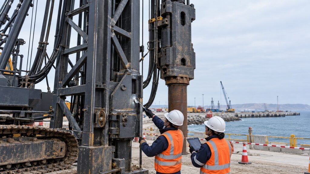 Inspectores revisan soldaduras y uniones estructurales del líder de un equipo de hinca de pilotes