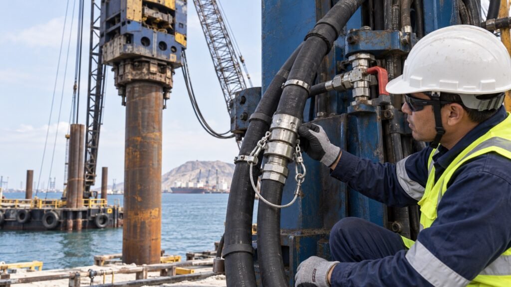 Técnico inspecciona el retenedor de seguridad de una manguera presurizada en un martillo de hinca