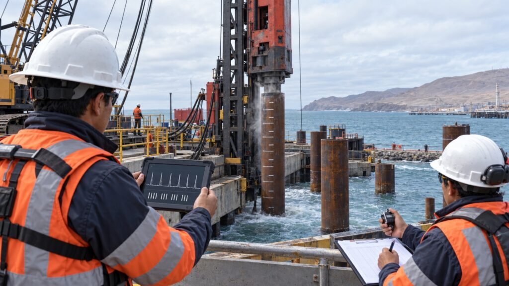 Inspectores verifican un contador automatico de golpes durante el hincado de pilotes