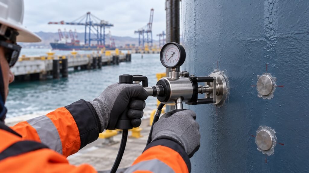 Inspector ejecuta un ensayo pull-off de adherencia sobre un recubrimiento de acero en un muelle